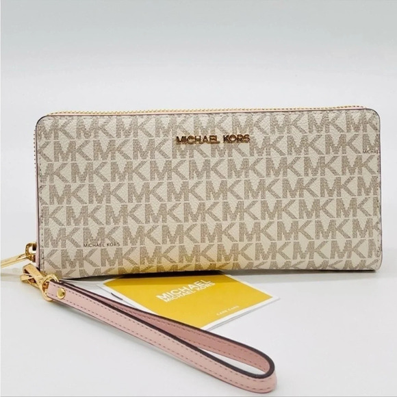 Michael Kors Large Continental Wallet Wristlet Leather Vanilla/Gold - Picture 1 of 8